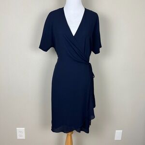 Aritzia Babaton Wallace Wrap Dress Womens Medium Navy‎ Mini Crepe Preppy Dainty